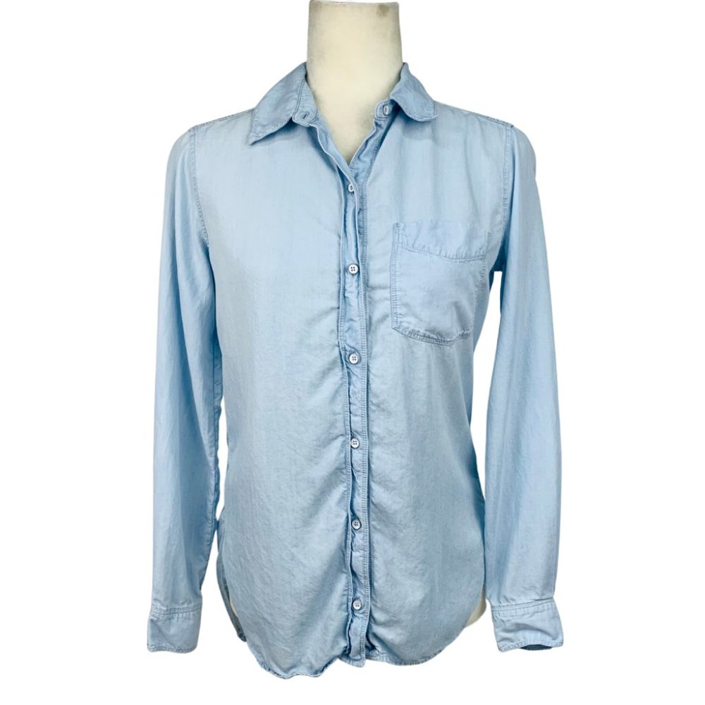 Athleta Button Down Shirt Split Back Chambray Lon… - image 1